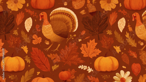 Flat vector Thanksgiving pattern, turkey, leaves, and pumpkins in warm orange tones