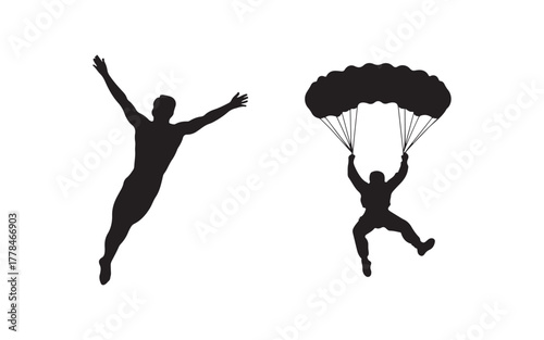 silhouette of a man jumping and parachute