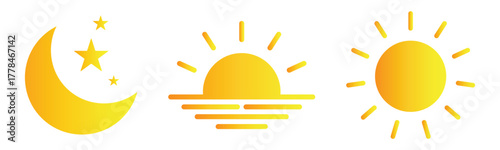 Day and night yellow vector icons set with sunrise, sun, and moon symbols representing morning, noon, and night for time, schedule, and weather design on transparent background.