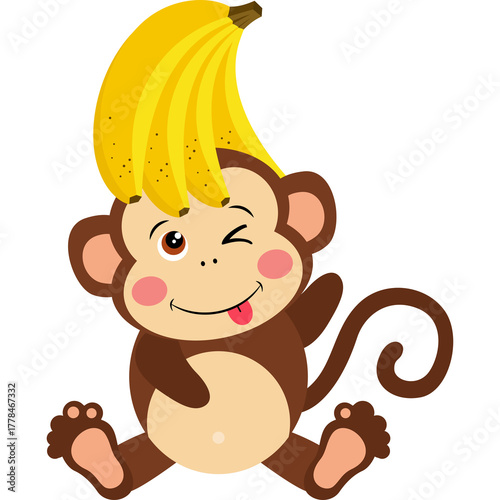 Photography Cute cartoon monkey sitting with a bunch of yellow bananas on its head winking a