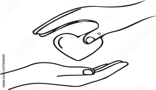 Hand passes heart to another, symbolizing love, care, charity, and connection.