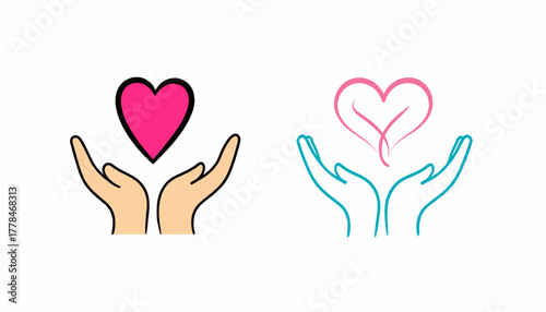 Two heart designs one a solid pink shape with hands, other a line art heart with hands