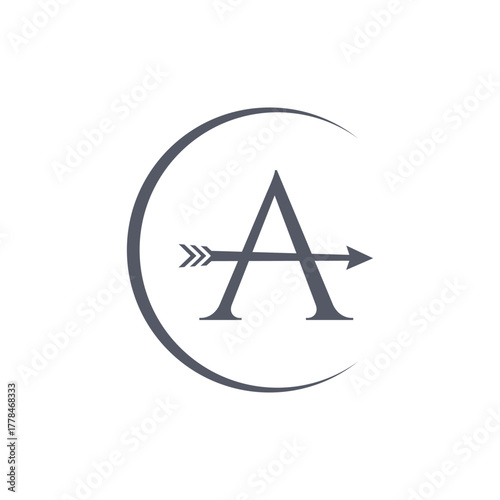 A minimalist logo featuring a dark grey letter A with an arrow passing through it, all enclosed within an incomplete circular arc on a white background.