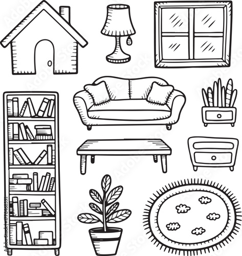 Cozy home interior with hand drawn furniture and decor elements