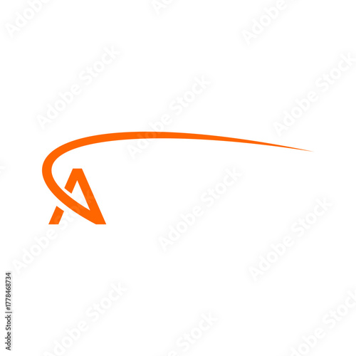 Stylized orange letter A with a long, sweeping curved line extending to the right on a white background, suggesting motion or progress.