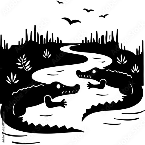 Pair of dangerous alligators lying in wait for prey. Engraving minimalistic vector in black ink drawing on transparent background