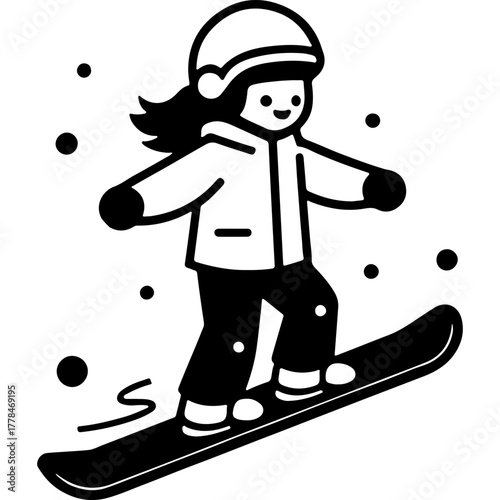 Young athlete in protective gear learns to snowboard. Engraving minimalistic vector in black ink drawing on transparent background