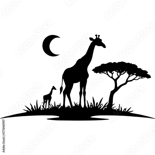 Mother and baby giraffe seek shelter at night under a spreading tree. Engraving minimalistic vector in black ink drawing on transparent background