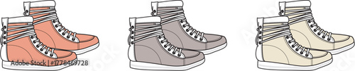 Vector illustrations of stylish high-top sneakers, showcasing pairs in warm peach, cool gray, and light beige, ideal for casual fashion and footwear design concepts