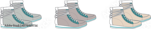 An array of illustrated high-top sneakers in varying neutral color palettes, showcasing versatile casual footwear options for everyday style and comfort