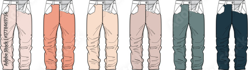 Collection of trendy fashion pants in various colors, ideal for apparel design and retail