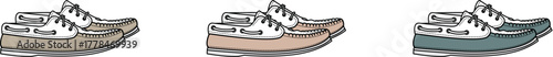 A close-up view of three different colored boat shoes in a row, highlighting their design and material for a stylish casual look