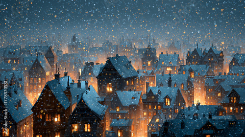 Christmas city rooftops with soft glowing snow 