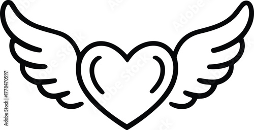 Black outline heart with wings vector graphic love