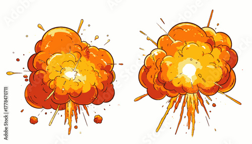 Two cartoon explosions, bright orange and yellow with black outlines on a white background