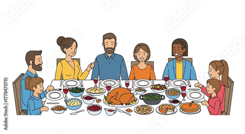 Illustration of a diverse family sitting around a table with a variety of food for a meal in a warm and inviting atmosphere.