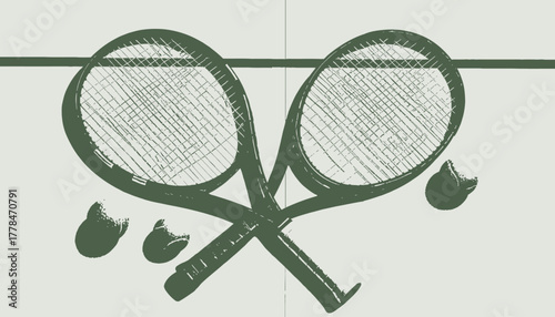 A green illustration of two crossed tennis rackets, with balls, and a horizontal bar