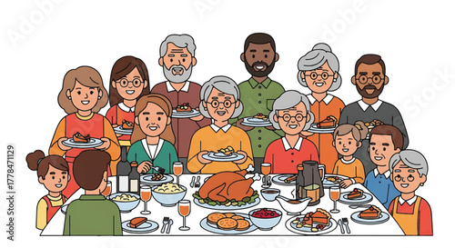 Diverse group of people gathered around a table with a variety of food including a roasted turkey in a colorful flat illustration.
