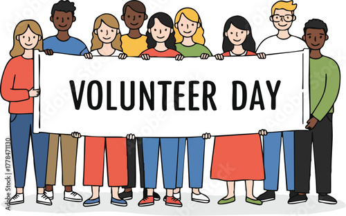 Diverse group of people holding a sign that reads Volunteer Day in a flat illustration style.