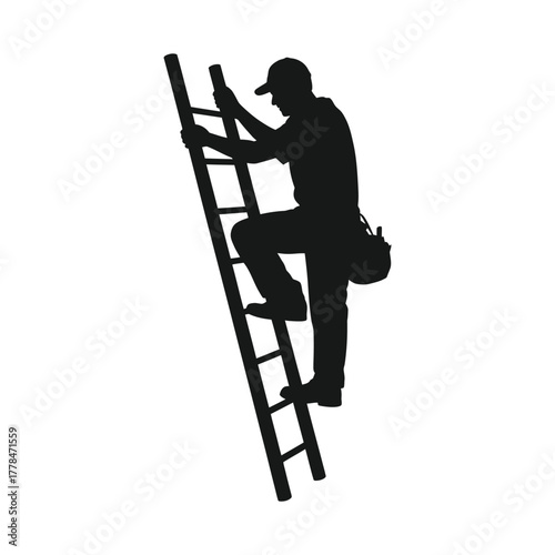 Handyman Climbing Ladder Silhouette: Construction, Repair, Maintenance, and Job Vector.