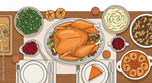 Flat lay of a traditional holiday feast on a table with roasted turkey, mashed potatoes, stuffing, and pumpkin pie.