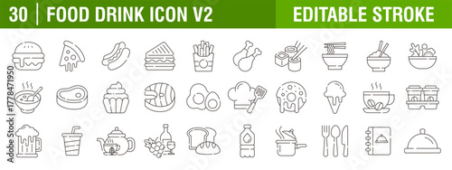 Collection of food and drink icons. Restaurants, menus, healthy food, fast food. Vector design templates, signs, symbols, editable strokes.