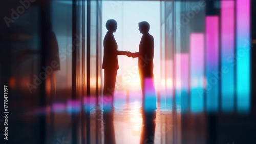 A Serene Moment of Connection: Two Professionals Engaging in a Handshake Against a Background of Abstract Graphs, Symbolizing Growth and Collaboration in Business Environments