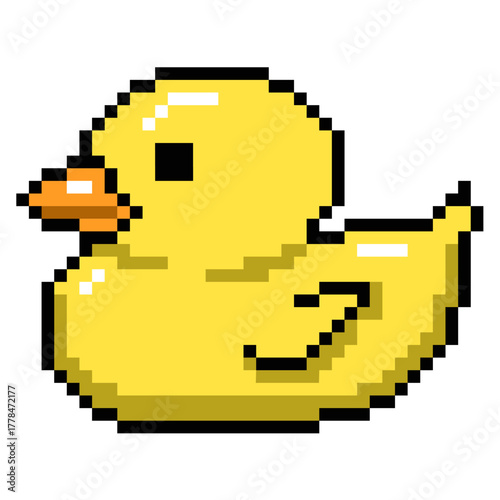 Pixel rubber duck vector. Ideal for toy, bath time, and childhood fun themes. This 8 bit graphic is perfect for retro games or app assets related to aquatic toys and play.