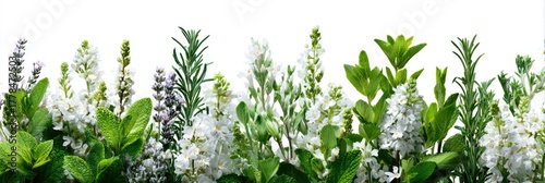Fresh herbs and flowers in a horizontal arrangement against a white background