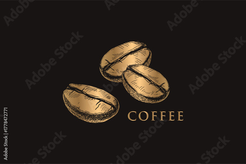 Golden coffee bean painting on black background