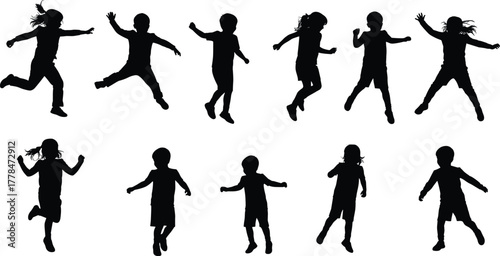 Children jumping silhouettes, playful poses, black icons, energetic kids, motion design, childhood fun, minimal style, active figures, white background, joy