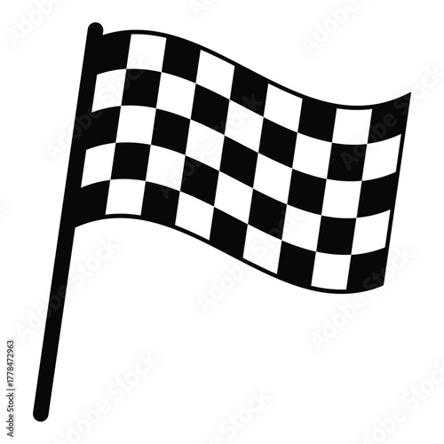 Checkered racing flag icon vector illustration, black and white finish line banner symbol, motorsport competition sign, racing event design element, isolated flag graphic for sport and speed concept