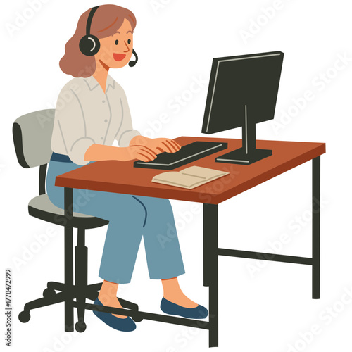 Colorful flat illustration of a friendly customer service or help desk representative (woman) wearing a headset with a microphone and typing on a computer at a desk.
