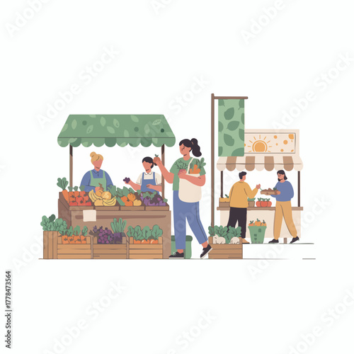 People buying organic fresh produce at outdoor farmers market stall