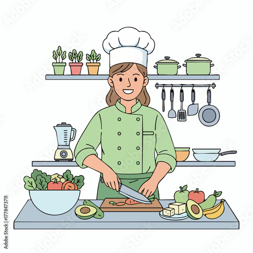 Smiling female chef chopping vegetables on a cutting board in a professional kitchen, flat vector illustration.