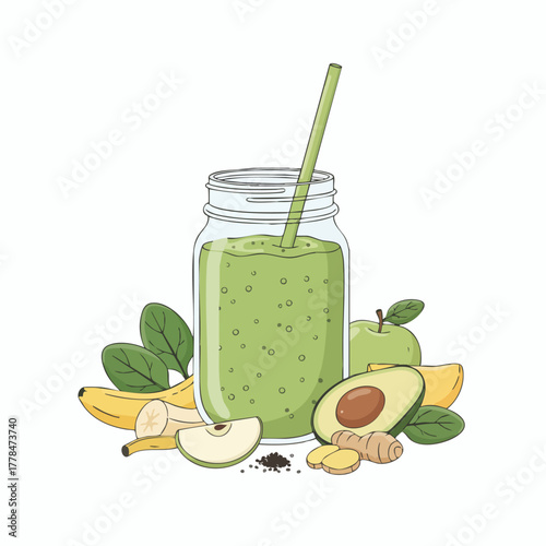 Green detox smoothie in a mason jar with fresh ingredients illustration