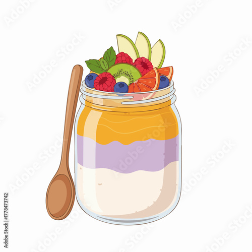 Colorful Overnight Oats or Chia Pudding Parfait in a Jar with Fresh Berries and Fruit Slices