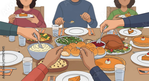 Illustration of a family gathered around a table serving a variety of food with warm tones and a cozy atmosphere.