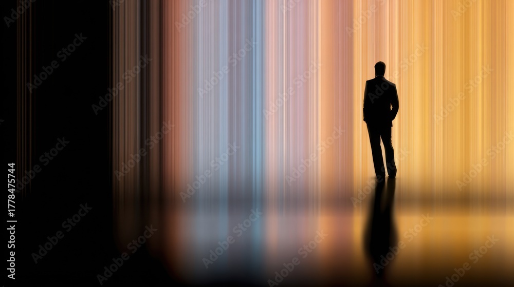 Obraz premium Silhouette of a person against vertical color streaks, with reflection