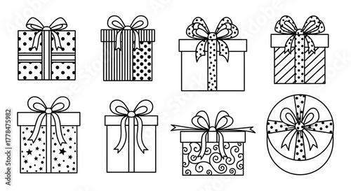 Collection of eight hand drawn black and white gift boxes with festive ribbons and decorative patterns