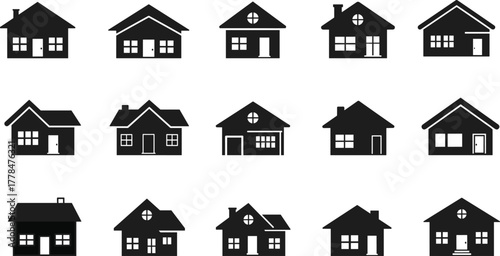House icon set, architectural styles, home silhouettes, black design, roof shapes, window layout, chimney features, residential icons, grid layout, minimal