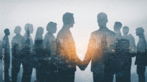 Silhouette of people shaking hands in front of city landscape, signifying business agreement