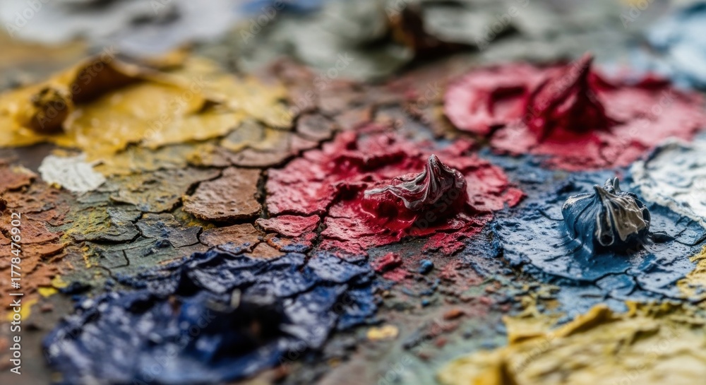 Fototapeta premium Close-up of Textured Palette with Vibrant, Cracked Oil Paints in Red, Blue, and Yellow