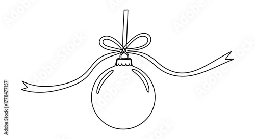Hand drawn sketch of a christmas ornament hanging with a ribbon and bow on a white background