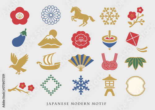 冬の風物詩の和モダンアイコンセット（一富士二鷹三茄子、午年、お正月モチーフ）