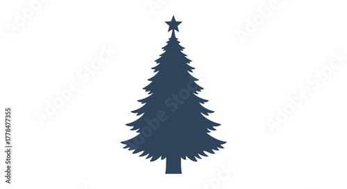 Silhouette of a tall evergreen christmas tree adorned with a star on top against a white background