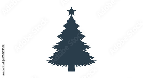Silhouette of a decorated christmas tree with a star on top isolated on a white background