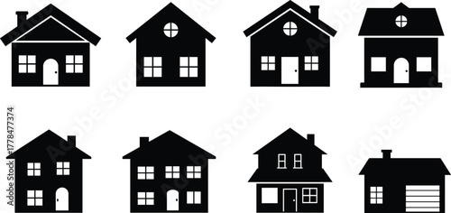 House silhouette set, black icons, architectural styles, roof shapes, window layout, garage design, minimal home icons, residential symbols, grid layout