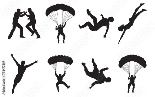 silhouette of a man jumping  and parachute
