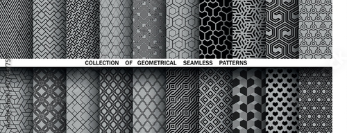 Geometric set of seamless black and gray patterns. Simple vector graphics